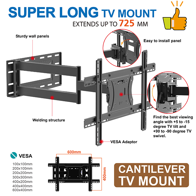 Extra Long Single Cantilever Heavy Duty Full Motion Tv Wall Mount