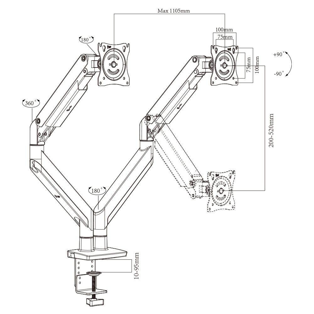 Dual Monitor Arm Mount na may USB Data Transfer