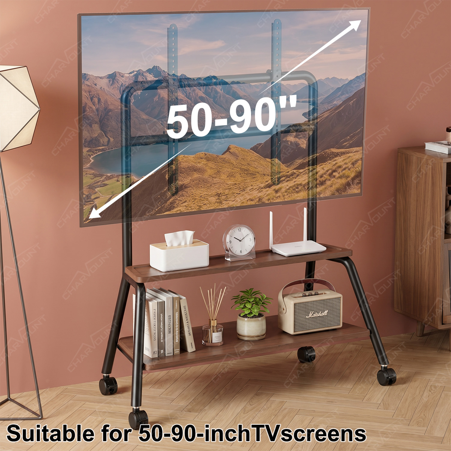 Heavy-Duty Mobile TV Stand with Wheels for 50–120 Inch TVs and Dual Steel Shelves Heavy-Duty Mobile TV Stand with Wheels for 50–120 Inch TVs and Dual Steel Shelves