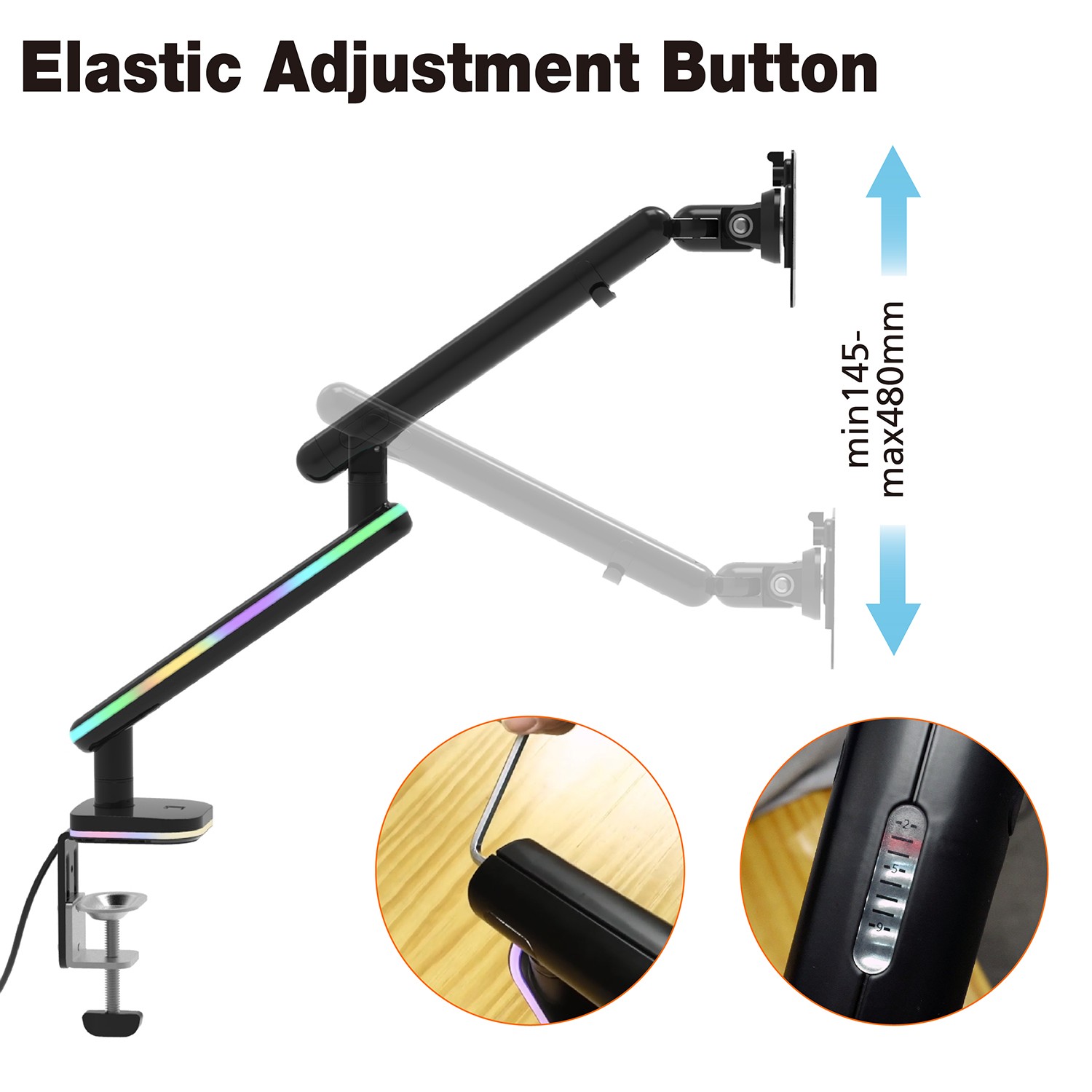 Gaming Monitor Arm mei knop Elastyske oanpassing