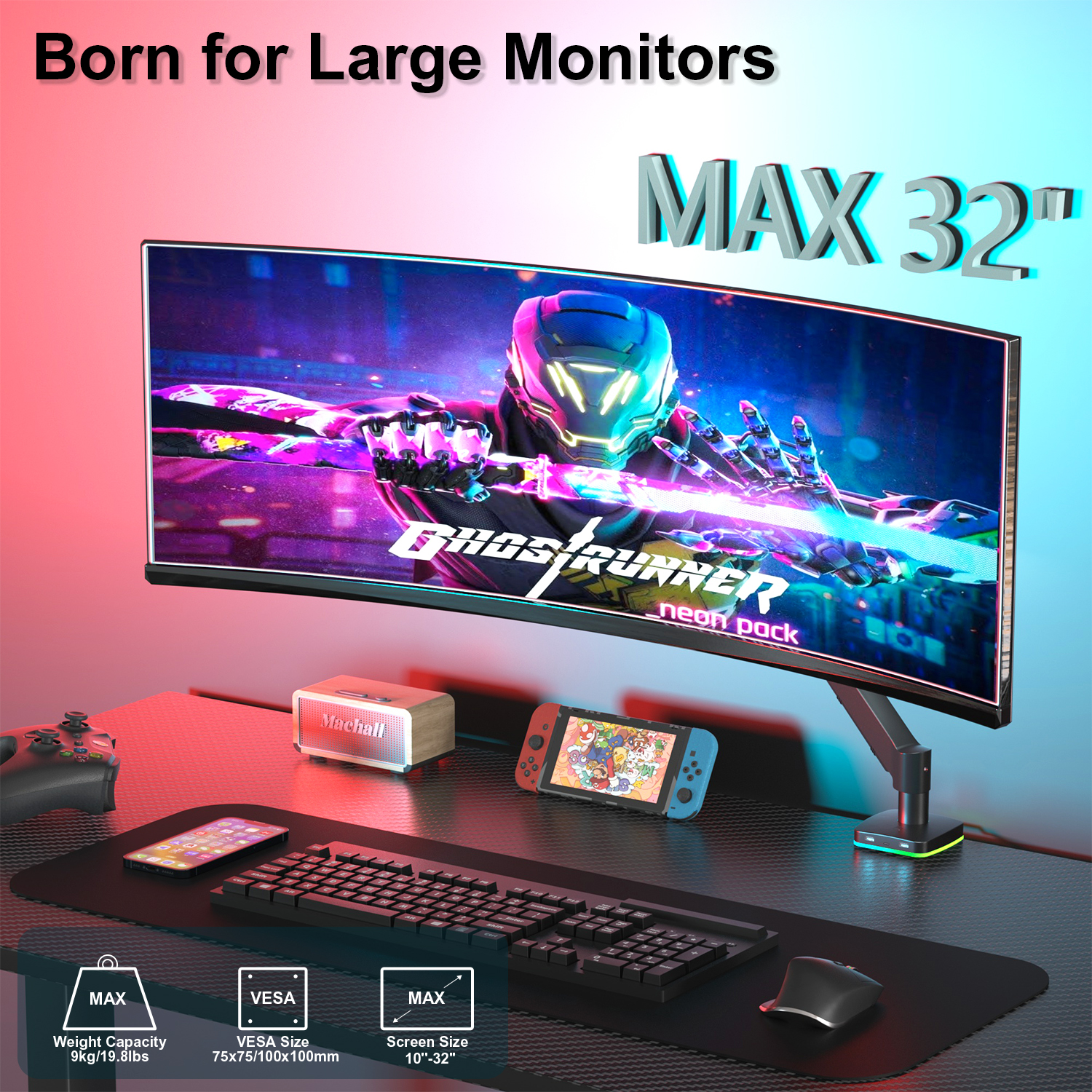 RGB Gas Spring Gaming Monitor Arm for 10 to 32 Inch Screens RGB Gas Spring Gaming Monitor Arm for 10 to 32 Inch Screens