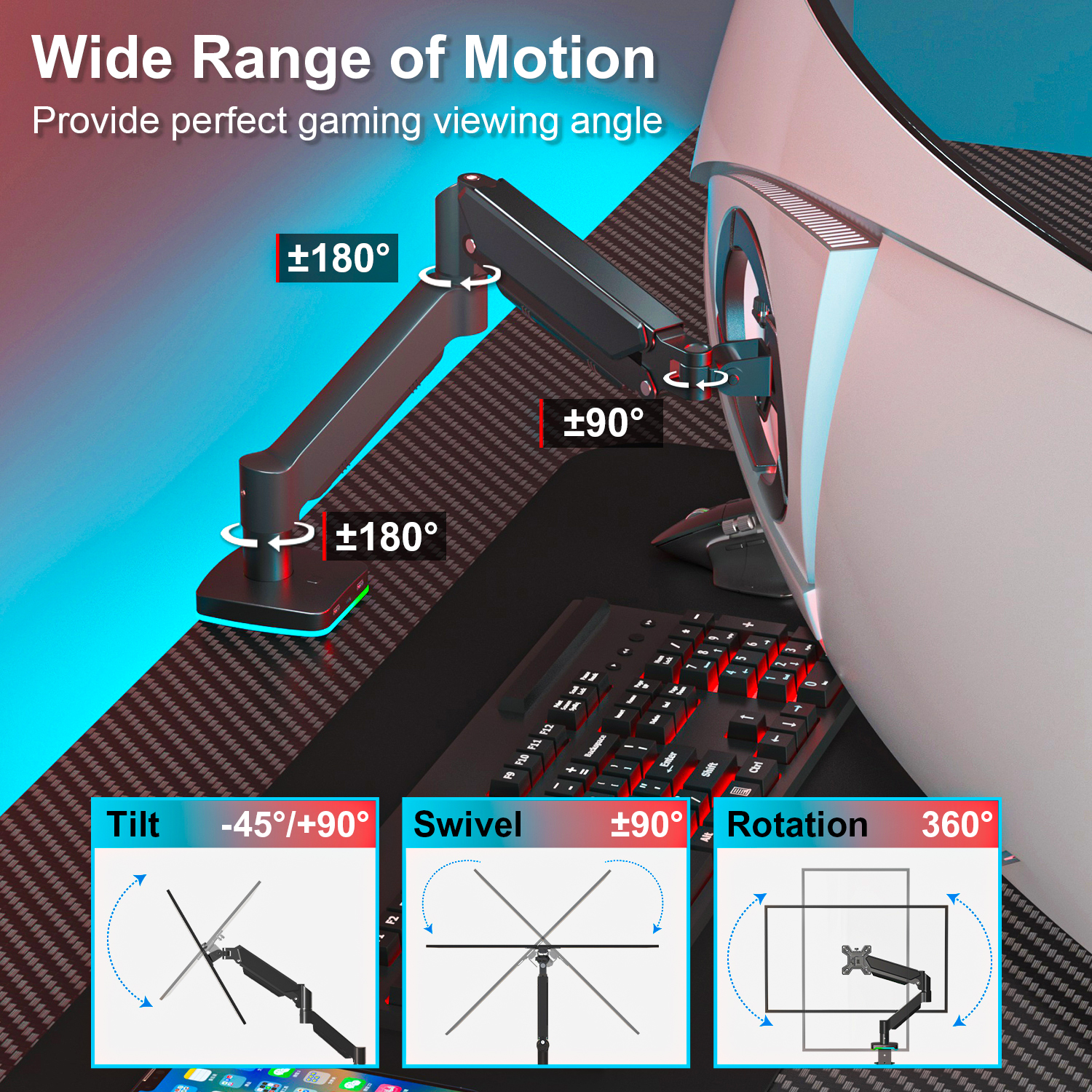 RGB Gas Spring Gaming Monitor Arm for 10 to 32 Inch Screens