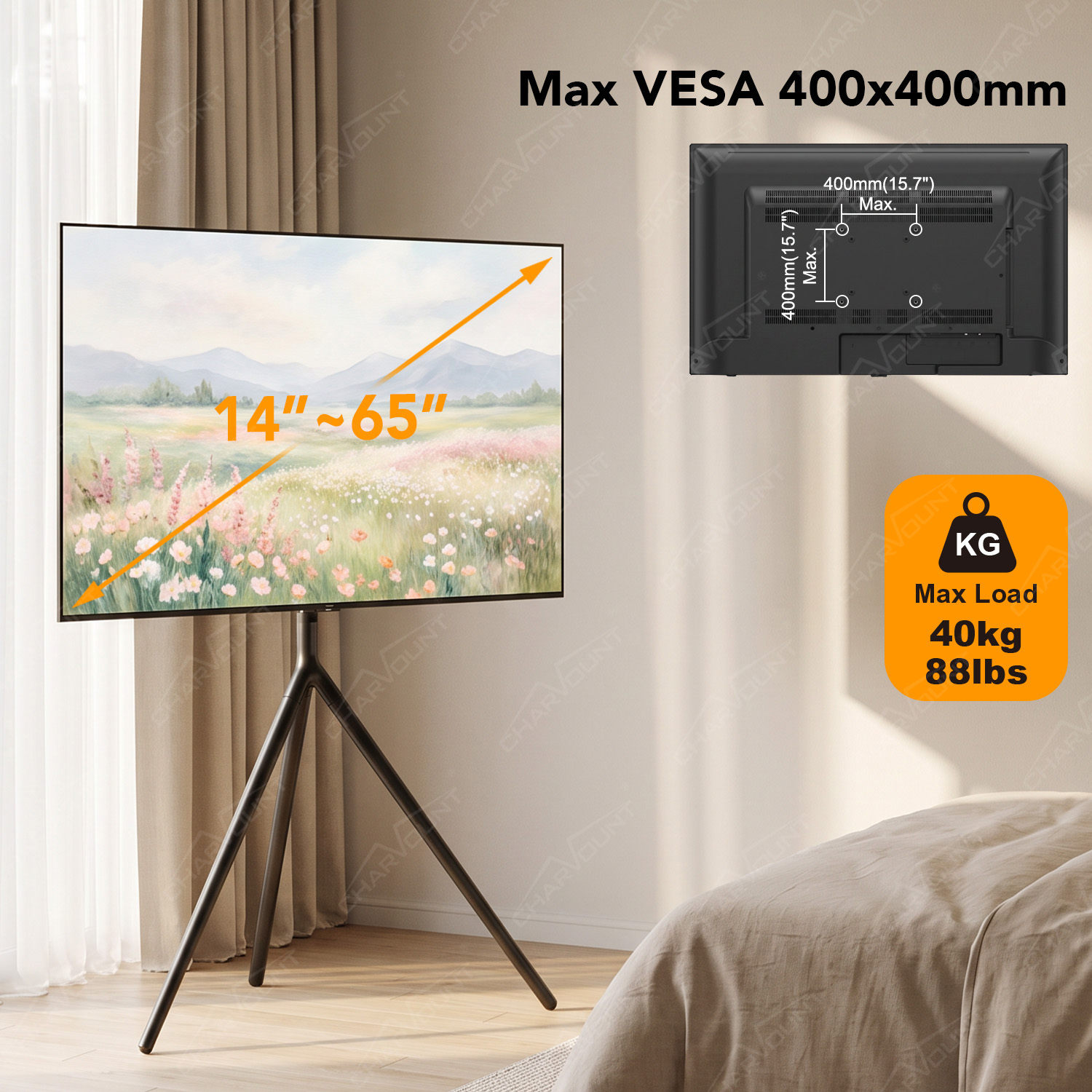 Height Adjustable Tripod TV Floor Stand for 14–65 Inch TVs with 90° Swivel