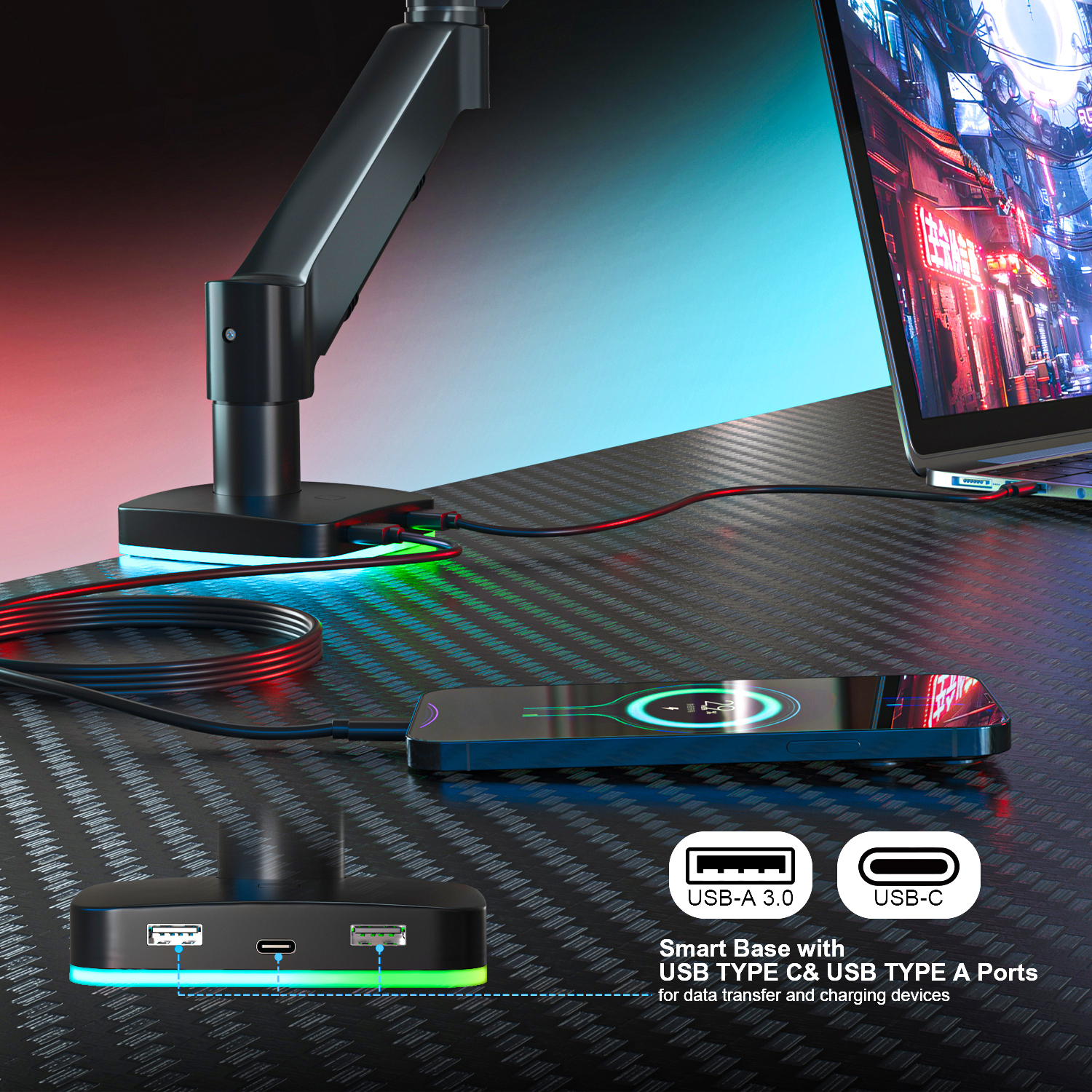 RGB Gas Spring Gaming Monitor Arm for 10 to 32 Inch Screens RGB Gas Spring Gaming Monitor Arm for 10 to 32 Inch Screens