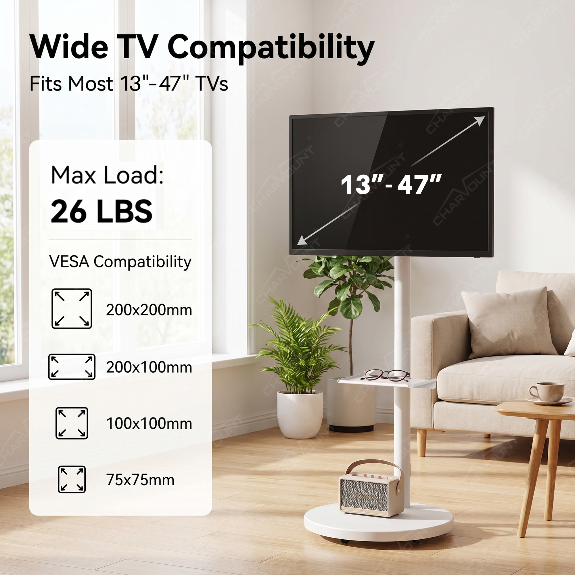 F232N Mobile TV Stand with Wheels for 13–47 Inch TVs – 360° Screen Rotation F232N Mobile TV Stand with Wheels for 13–47 Inch TVs – 360° Screen Rotation