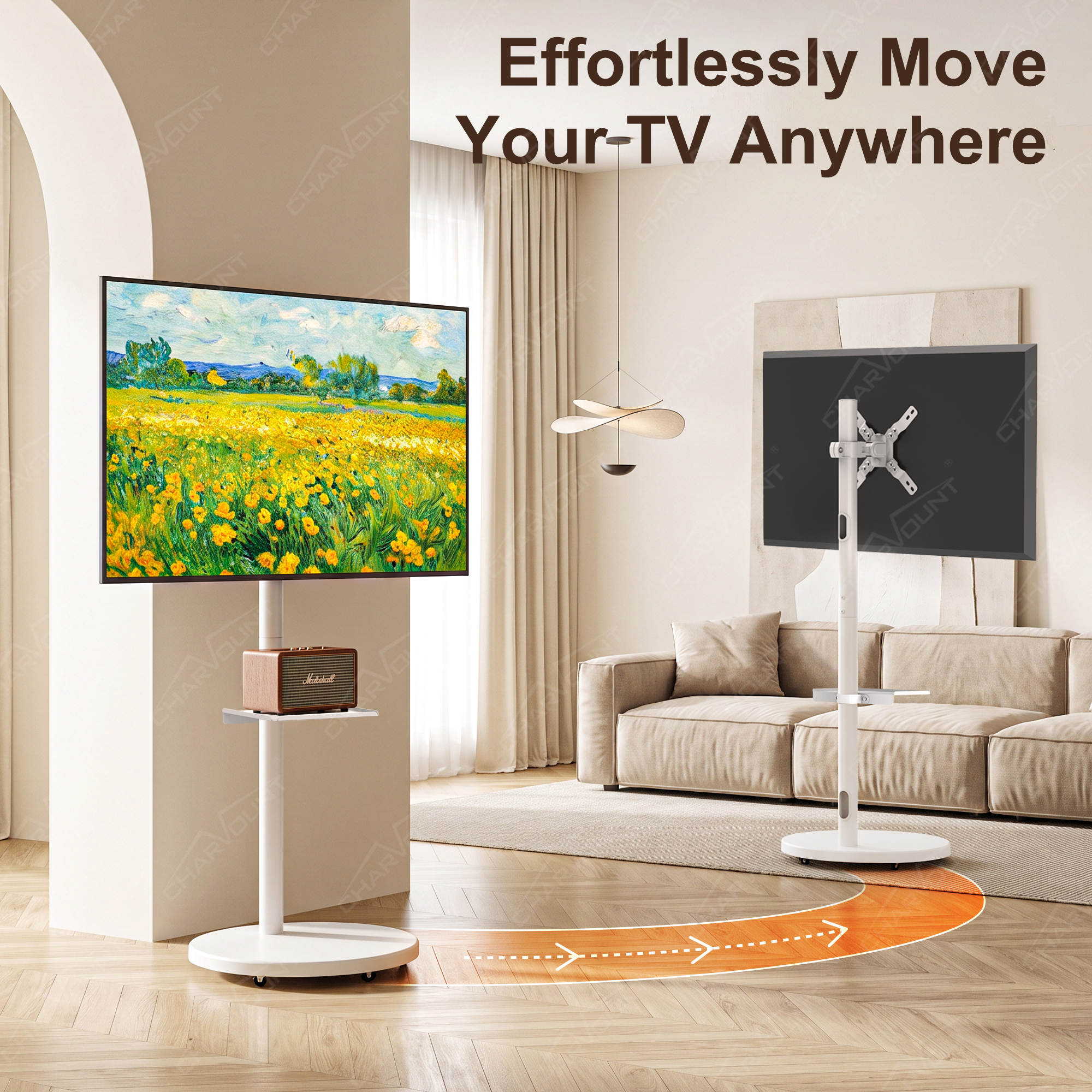 F232N Mobile TV Stand with Wheels for 13–47 Inch TVs – 360° Screen Rotation F232N Mobile TV Stand with Wheels for 13–47 Inch TVs – 360° Screen Rotation