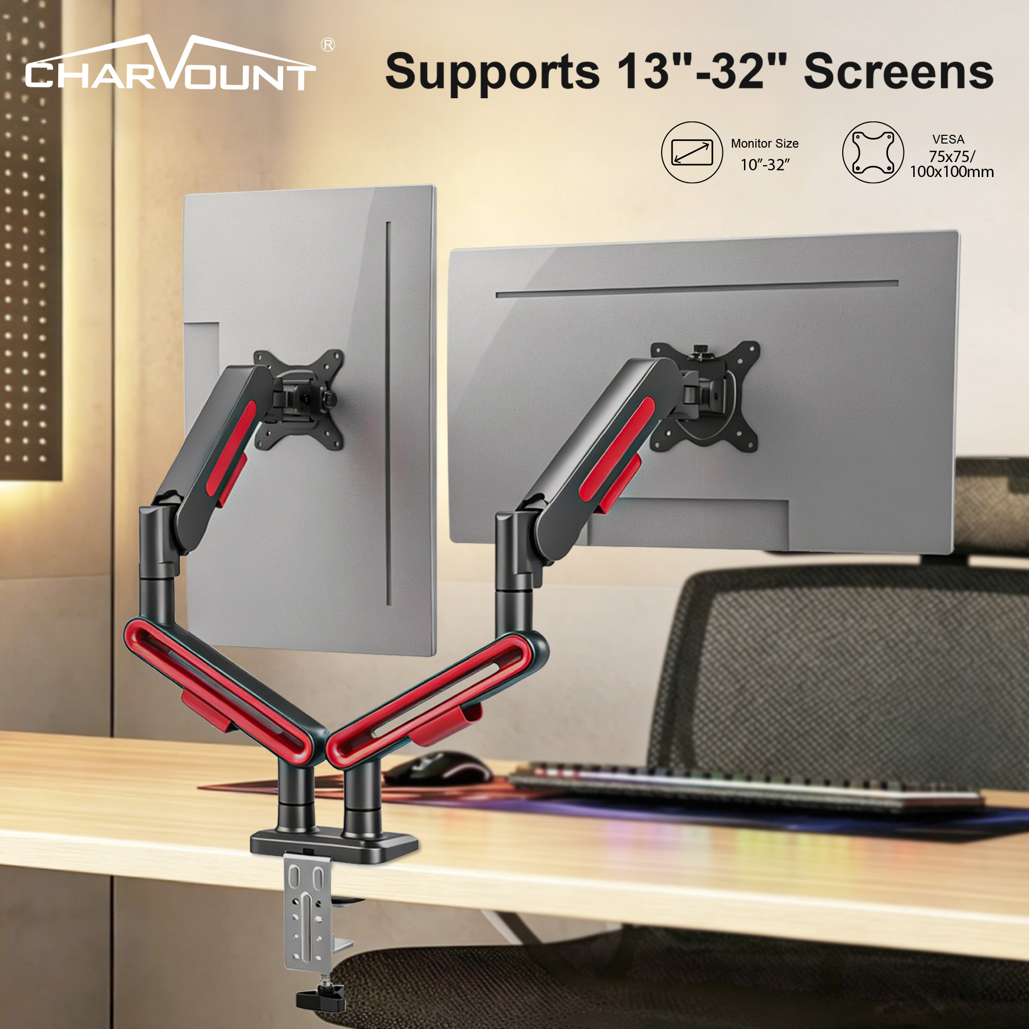 Gas Spring Dual Monitor Desk Mount for 13 to 40 Inch Screens Gas Spring Dual Monitor Desk Mount for 13 to 40 Inch Screens
