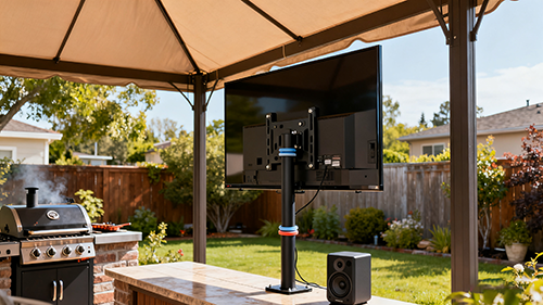 Ama-Mounts e-TV yangaphandle: Izixazululo ze-Weatherproof ze-Patio nengadi