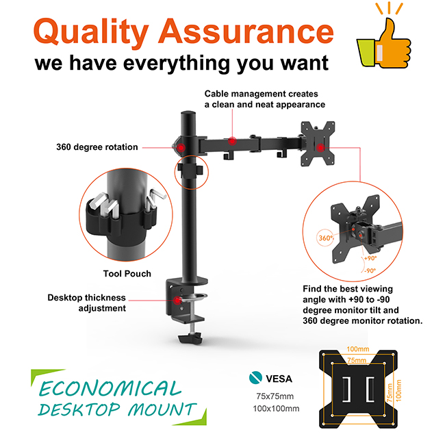 Long Single Arm Monitor Desk Ount